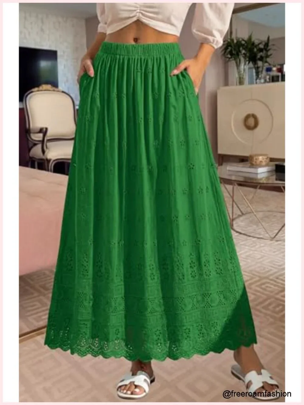 Women Boho Eyelet A-Line Flowy Maxi Skirt Cotton High Waist